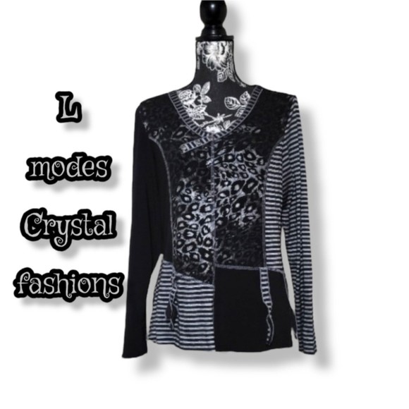 modes Crystal fashions patchwork leopard stripe black grey top - Picture 1 of 10